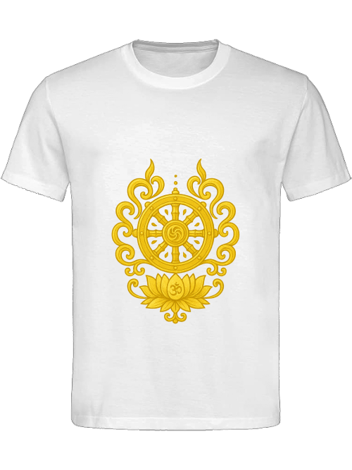 Detailansicht Dharma-Rad Herren T-Shirt Weiß – Dharma-Rad, Lotus und Mandala als Symbol für Klarheit und Balance