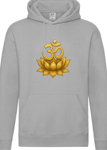 Om Lotus Herren Hoodie mit goldenem Om-Symbol und prachtvoller Lotusblüte auf grauem Hintergrund.