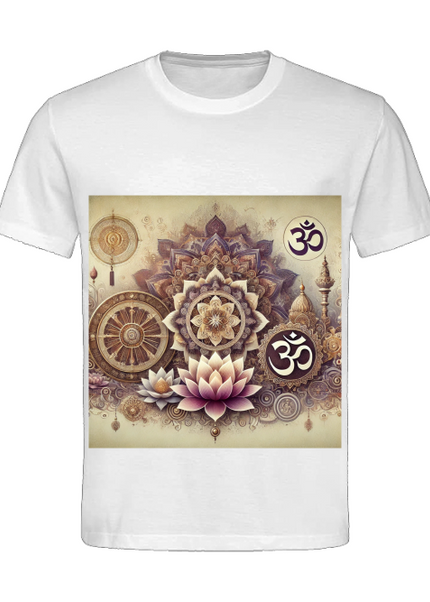 Detailansicht Om Altar Herren T-Shirt Weiß – Om-Symbol, Lotus und Altar als Zeichen für Fokus und Bewusstsein