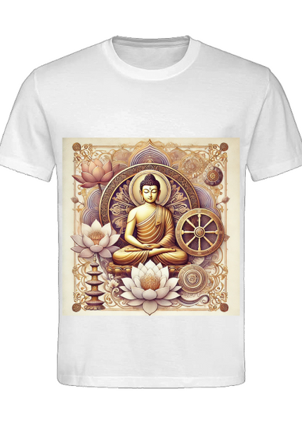 Detailansicht Buddha Herren T-Shirt Weiß – meditierender Buddha mit Lotusblüten und Mandala-Elementen