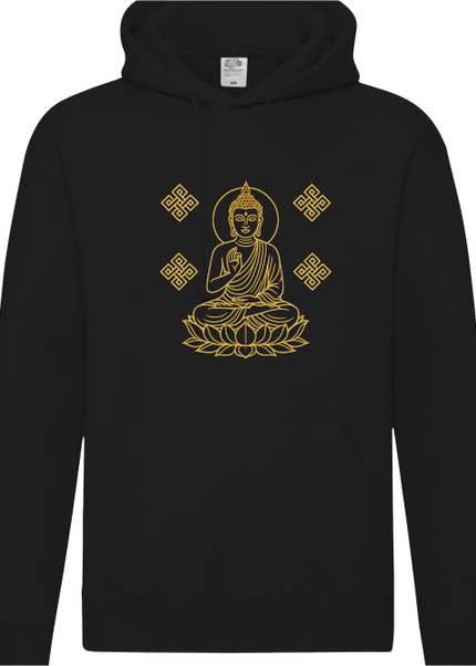 Buddha Outlines Hoodie Nahaufnahme – Linien-Design Druckdetail auf Bio-Baumwolle von SatoriSoul