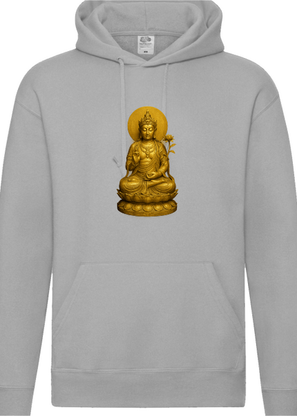 Detailansicht Bodhisattva Hoodie Heather Grey – Bodhisattva, Lotus und Mandala als Symbol für Mitgefühl und Balance