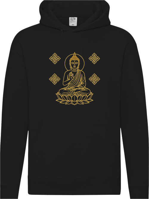 Detailansicht Buddha Outlines Herren Hoodie Schwarz – goldener Buddha Druck mit Mandala und Lotusblüten