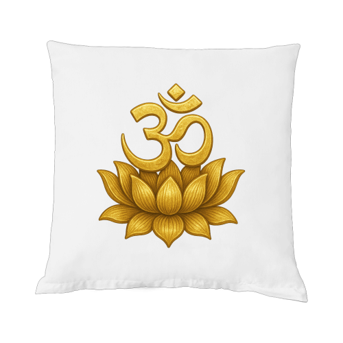 Om Lotus Kissen mit Füllung auf einem weißen Kissen mit goldener Lotusblüte und Om-Symbol.