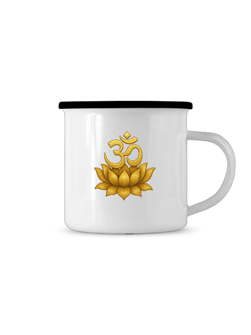 Om Lotus Tasse mit goldener Lotusblume und Om-Symbol, Durchmesser 80 mm, Fassungsvermögen ca. 300 ml.