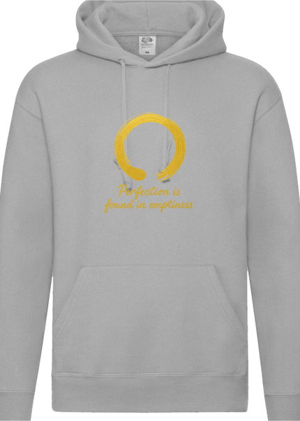 Detailansicht Perfection Hoodie Heather Grey – Zen Motiv mit goldenem Enso-Symbol auf Bio-Baumwolle