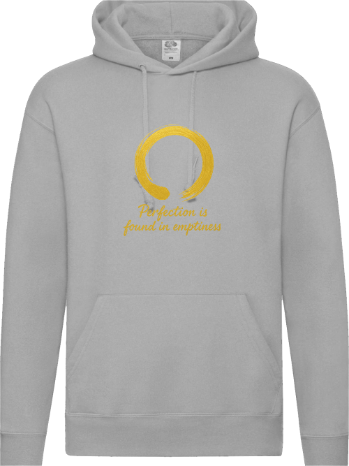 Perfection Herren Hoodie in gray with gold Enso symbol and inspirational text for comfort and meditation.