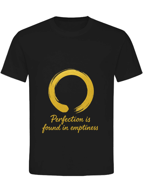 Perfection Herren T-Shirt mit goldenem Enso-Symbol und Text "Perfection is found in emptiness" auf schwarzem Hintergrund.