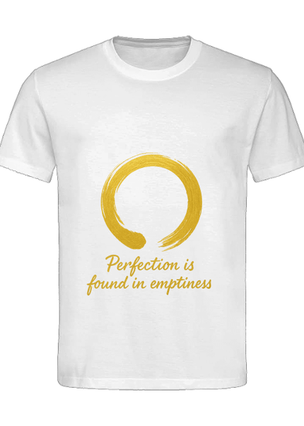 Detailansicht Perfection Herren T-Shirt White – Zen-Kreis Enso mit spirituellem Statement auf hellem Shirt