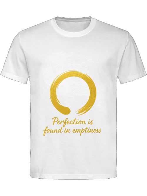 Detailansicht Perfection Herren T-Shirt White – Zen-Kreis Enso mit spirituellem Statement auf hellem Shirt
