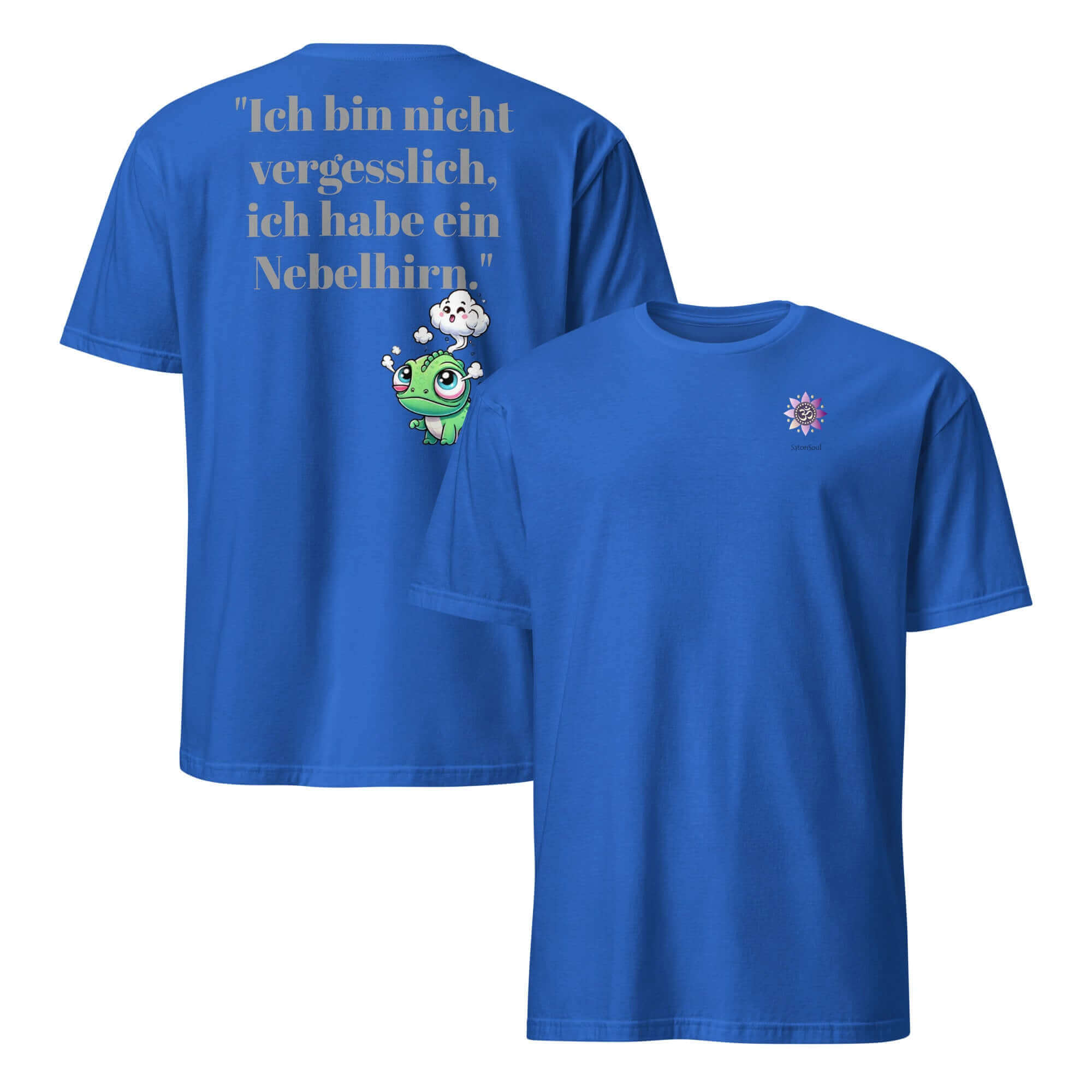 MS Shirt in blue featuring the phrase 'Ich bin nicht vergesslich, ich habe ein Nebelhirn.' with a cute chameleon design.
