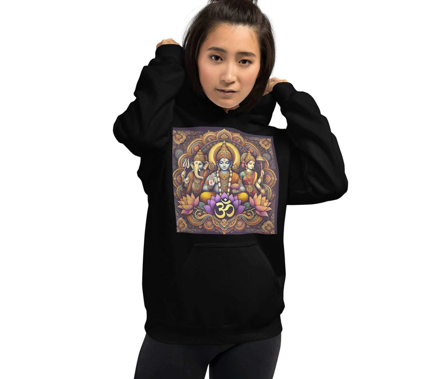 **Om of the Three Gods Hoodie – Ganesha, Shiva, Parvati Design, Spiritual, Artistic, Comfortable, Balanced Energy**