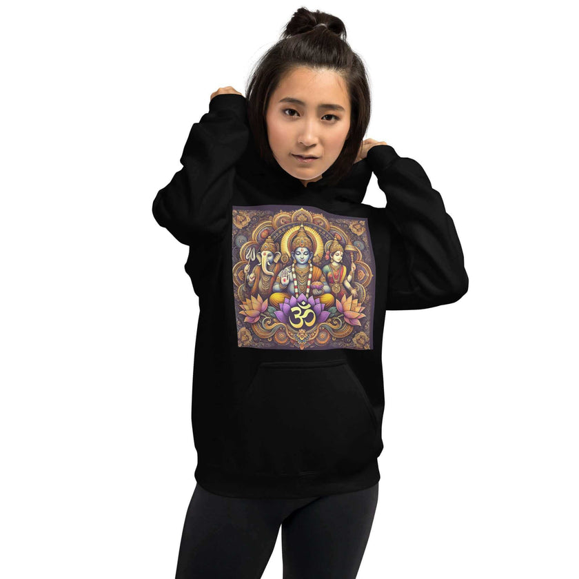 **Om of the Three Gods Hoodie – Ganesha, Shiva, Parvati Design, Spiritual, Artistic, Comfortable, Balanced Energy**