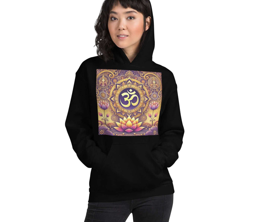 **Om Mandala Hoodie – Spiritueller Hoodie, Lila-Gold-Design, Damen Hoodie, Mandala-Kunst, Yoga-Kleidung, Meditationskleidung, Innerer Frieden, Spirituelles Geschenk, Bequeme Mode**