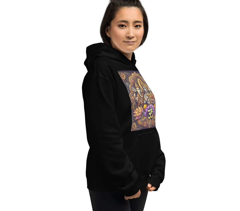 **Om of the Three Gods Hoodie – Ganesha, Shiva, Parvati Design, Spiritual, Artistic, Comfortable, Balanced Energy**