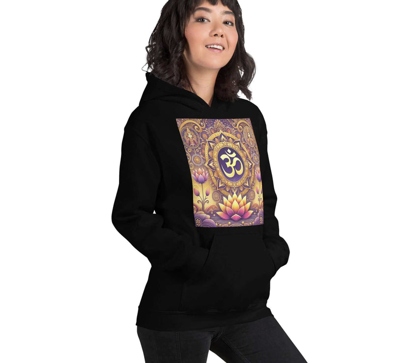 **Om Mandala Hoodie – Spiritueller Hoodie, Lila-Gold-Design, Damen Hoodie, Mandala-Kunst, Yoga-Kleidung, Meditationskleidung, Innerer Frieden, Spirituelles Geschenk, Bequeme Mode**