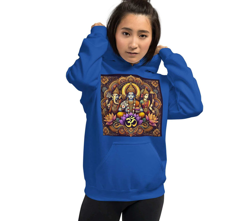 **Om of the Three Gods Hoodie – Ganesha, Shiva, Parvati Design, Spiritual, Artistic, Comfortable, Balanced Energy**