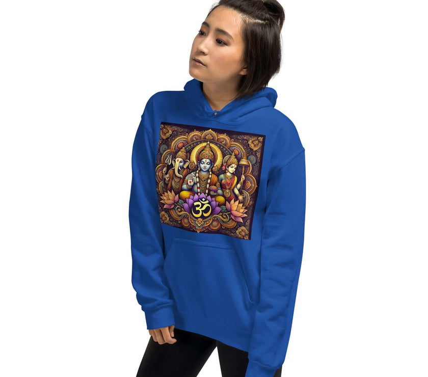 **Om of the Three Gods Hoodie – Ganesha, Shiva, Parvati Design, Spiritual, Artistic, Comfortable, Balanced Energy**