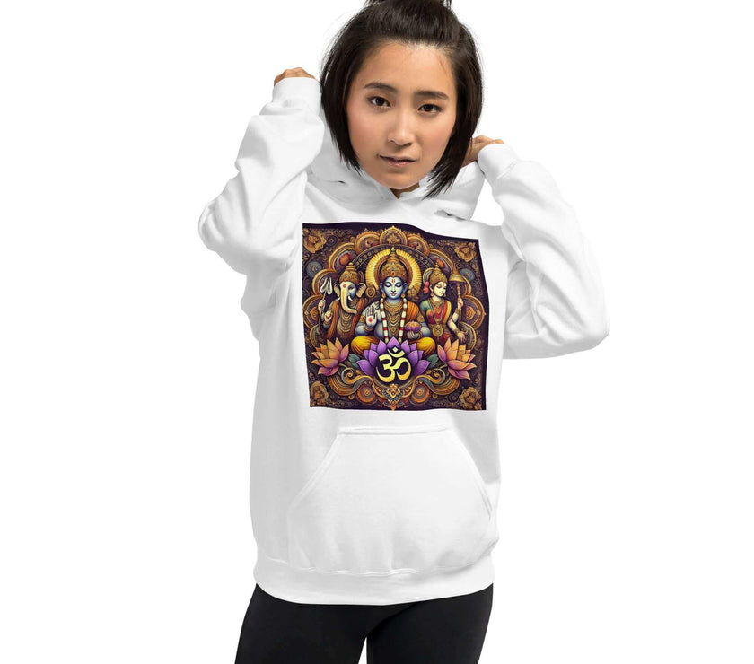 **Om of the Three Gods Hoodie – Ganesha, Shiva, Parvati Design, Spiritual, Artistic, Comfortable, Balanced Energy**
