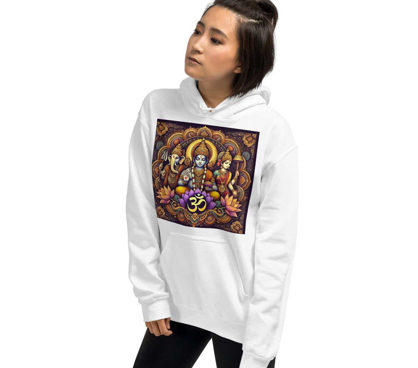 **Om of the Three Gods Hoodie – Ganesha, Shiva, Parvati Design, Spiritual, Artistic, Comfortable, Balanced Energy**