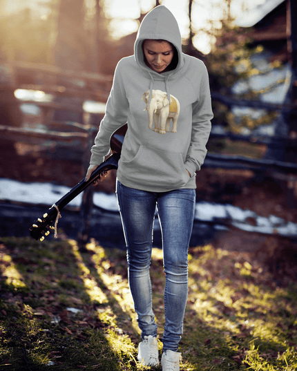 Weißer Elefant Damen Hoodie - grauer Hoodie mit Elefantendesign und goldenen Akzenten, perfekt für entspannte Momente.