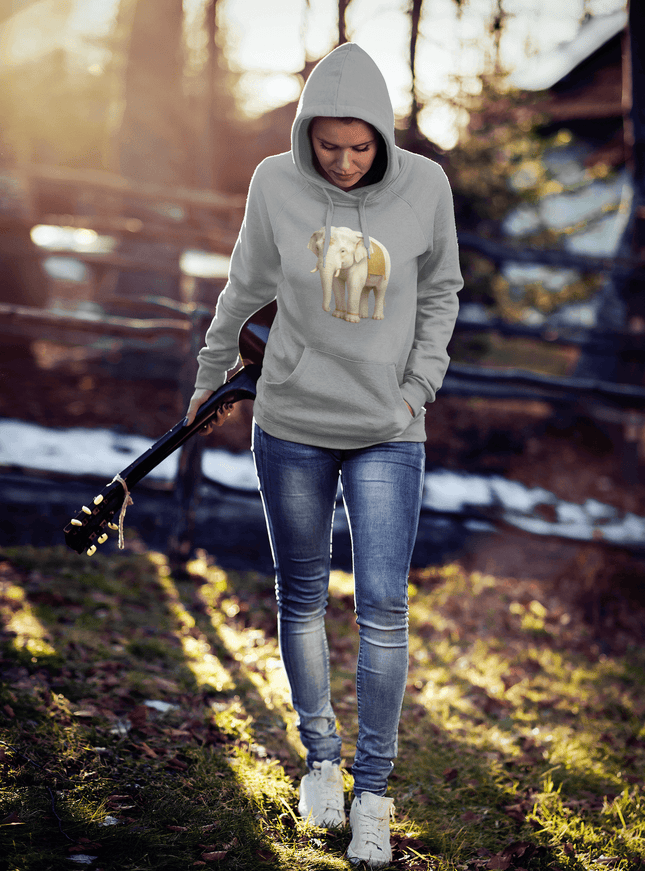 Weißer Elefant Damen Hoodie - grauer Hoodie mit Elefantendesign und goldenen Akzenten, perfekt für entspannte Momente.