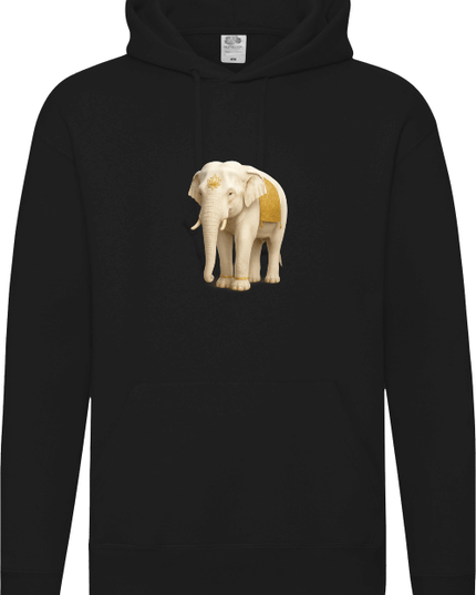 Weißer Elefant Damen Hoodie mit kunstvollem Elefantenmotiv auf schwarzem Hintergrund.