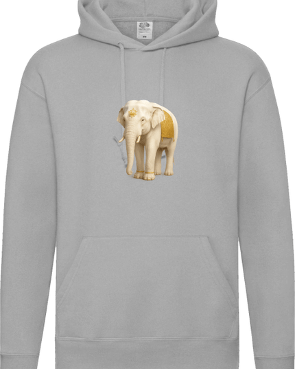 Weißer Elefant Damen Hoodie mit einem grafischen weißen Elefanten und goldenen Akzenten auf der Vorderseite.