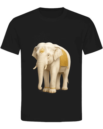 Weißer Elefant Damen T-Shirt mit majestätischem weißen Elefanten auf schwarzem Hintergrund, symbolisiert Weisheit und Mitgefühl.
