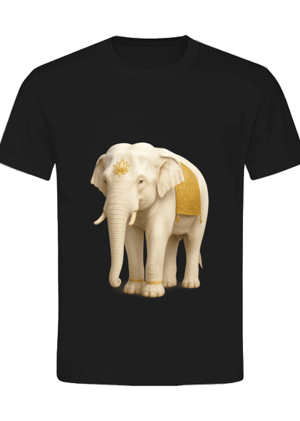 Weißer Elefant Damen T-Shirt mit majestätischem weißen Elefanten auf schwarzem Hintergrund, symbolisiert Weisheit und Mitgefühl.