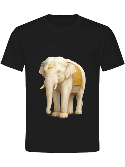 Weißer Elefant Damen T-Shirt mit majestätischem weißen Elefanten auf schwarzem Hintergrund, symbolisiert Weisheit und Mitgefühl.
