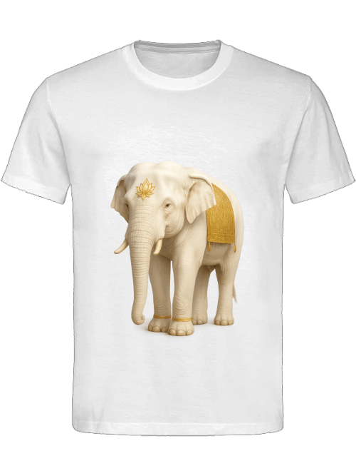 Weißer Elefant Damen T-Shirt mit majestätischem Elefantenmotiv und goldenen Details auf weißem Hintergrund.