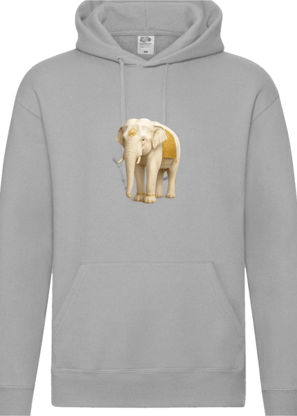 Detailansicht Weißer Elefant Hoodie Heather Grey – Elefant, Lotus und goldene Akzente auf Bio-Baumwolle