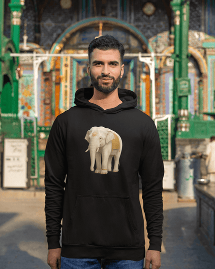 Weißer Elefant Herren Hoodie mit Elefantenmotiv und goldenen Akzenten auf schwarzem Hintergrund.