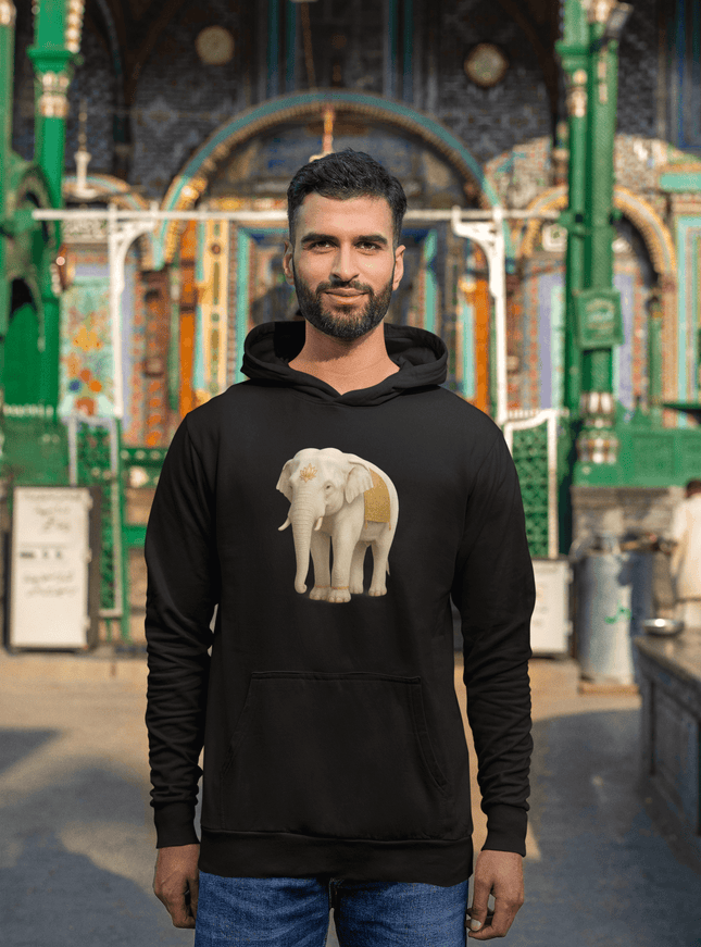 Weißer Elefant Herren Hoodie mit Elefantenmotiv und goldenen Akzenten auf schwarzem Hintergrund.